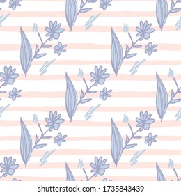 Violette Blumen Bouquet nahtlos Muster auf rosa Streifen Hintergrund. Blumenweiße Tapete. Dekorative Kulisse für Stoffdesign, Textildruck, Packpapier, Cover. Vektor-Abbildung