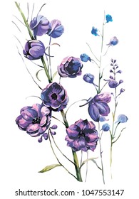 Violet flowers with branches and leaves. Vector