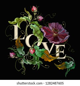 Violet flowers embroidery art. Love slogan. Fashion template for clothes, textiles, t-shirt design 