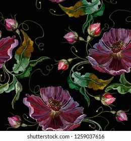 Violet flowers embroidery seamless pattern. Fashion template for clothes, textiles, t-shirt design 