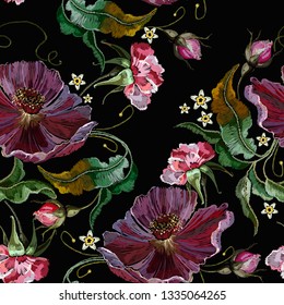 Violet flowers embroidery seamless pattern. Template for clothes, textiles, t-shirt design  
