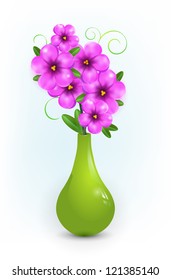 Violet flowers in green vase. Vector background. Easy to edit. Perfect for invitations or announcements.