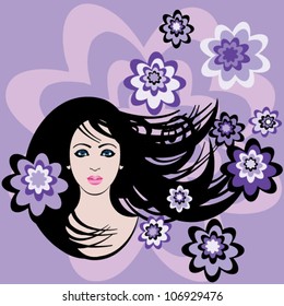 violet flowers in her hair