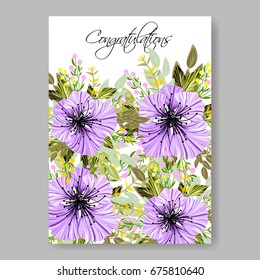 Violet flowers of Hibiscus and rose floral wedding invitation template Vector floral card.
