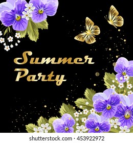Violet flowers on black background. Gold lettering writing. Invitation to a party.