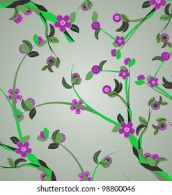 violet flowers on green branches spring vector grey background
