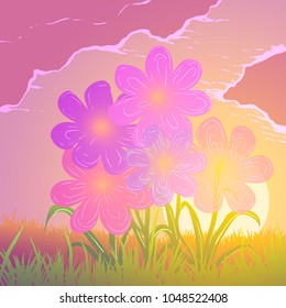 Violet flowers on green grass among glowworms against background of full moon and clouds at night.