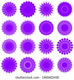 Violet Flowers / Pseudo-Snowflakes on white background. Sharp set of 16 items. 18 (eighteen) angles. - Vector