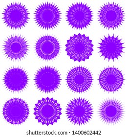 Violet Flowers / Pseudo-Snowflakes on white background. Sharp set of 16 items. 18 (eighteen) angles. - Vector