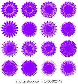 Violet Flowers / Pseudo-Snowflakes on white background. Sharp set of 16 items. 18 (eighteen) angles. - Vector