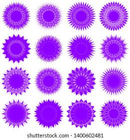 Violet Flowers / Pseudo-Snowflakes on white background. Sharp set of 16 items. 18 (eighteen) angles. - Vector