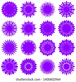 Violet Flowers / Pseudo-Snowflakes on white background. Sharp set of 16 items. 12 (twelve) angles. - Vector