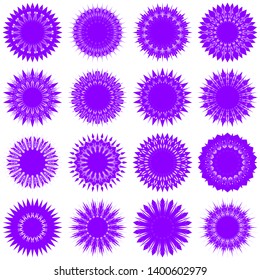 Violet Flowers / Pseudo-Snowflakes on white background. Sharp set of 16 items. 18 (eighteen) angles. - Vector