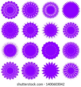 Violet Flowers / Pseudo-Snowflakes on white background. Sharp set of 16 items. 18 (eighteen) angles. - Vector