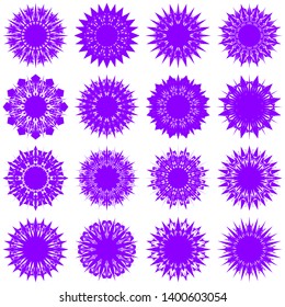 Violet Flowers / Pseudo-Snowflakes on white background. Sharp set of 16 items. 12 (twelve) angles. - Vector