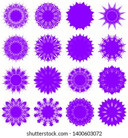 Violet Flowers / Pseudo-Snowflakes on white background. Sharp set of 16 items. 12 (twelve) angles. - Vector
