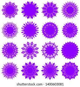 Violet Flowers / Pseudo-Snowflakes on white background. Sharp set of 16 items. 12 (twelve) angles. - Vector