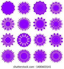 Violet Flowers / Pseudo-Snowflakes on white background. Sharp set of 16 items. 12 (twelve) angles. - Vector