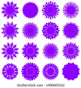 Violet Flowers / Pseudo-Snowflakes on white background. Sharp set of 16 items. 12 (twelve) angles. - Vector