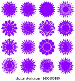 Violet Flowers / Pseudo-Snowflakes on white background. Sharp set of 16 items. 12 (twelve) angles. - Vector