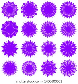 Violet Flowers / Pseudo-Snowflakes on white background. Sharp set of 16 items. 11 (eleven) angles. - Vector