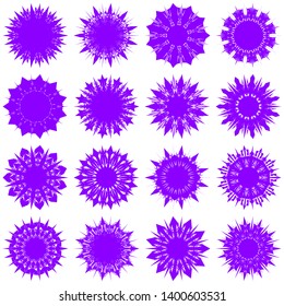 Violet Flowers / Pseudo-Snowflakes on white background. Sharp set of 16 items. 11 (eleven) angles. - Vector