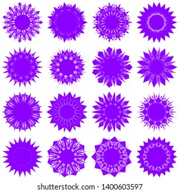 Violet Flowers / Pseudo-Snowflakes on white background. Sharp set of 16 items. 11 (eleven) angles. - Vector