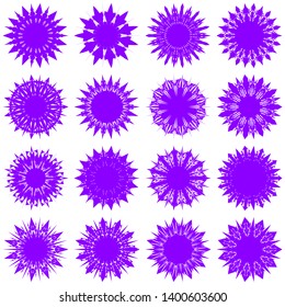 Violet Flowers / Pseudo-Snowflakes on white background. Sharp set of 16 items. 11 (eleven) angles. - Vector