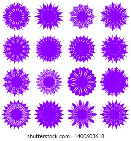 Violet Flowers / Pseudo-Snowflakes on white background. Sharp set of 16 items. 11 (eleven) angles. - Vector