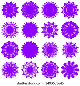Violet Flowers / Pseudo-Snowflakes on white background. Sharp set of 16 items. 11 (eleven) angles. - Vector