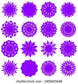 Violet Flowers / Pseudo-Snowflakes on white background. Sharp set of 16 items. 11 (eleven) angles. - Vector