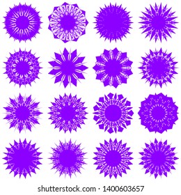 Violet Flowers / Pseudo-Snowflakes on white background. Sharp set of 16 items. 11 (eleven) angles. - Vector