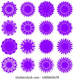 Violet Flowers / Pseudo-Snowflakes on white background. Sharp set of 16 items. 11 (eleven) angles. - Vector