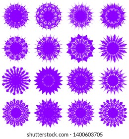 Violet Flowers / Pseudo-Snowflakes on white background. Sharp set of 16 items. 11 (eleven) angles. - Vector