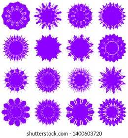 Violet Flowers / Pseudo-Snowflakes on white background. Sharp set of 16 items. 11 (eleven) angles. - Vector