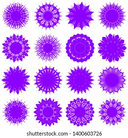 Violet Flowers / Pseudo-Snowflakes on white background. Sharp set of 16 items. 11 (eleven) angles. - Vector