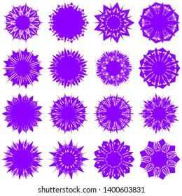 Violet Flowers / Pseudo-Snowflakes on white background. Sharp set of 16 items. 9 (nine) angles. - Vector