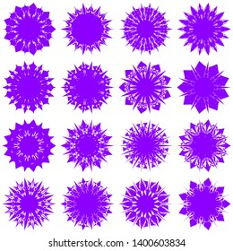 Violet Flowers / Pseudo-Snowflakes on white background. Sharp set of 16 items. 9 (nine) angles. - Vector