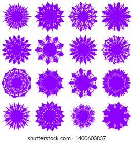 Violet Flowers / Pseudo-Snowflakes on white background. Sharp set of 16 items. 9 (nine) angles. - Vector