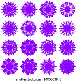 Violet Flowers / Pseudo-Snowflakes on white background. Sharp set of 16 items. 9 (nine) angles. - Vector