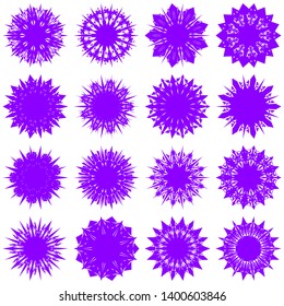 Violet Flowers / Pseudo-Snowflakes on white background. Sharp set of 16 items. 9 (nine) angles. - Vector
