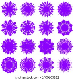 Violet Flowers / Pseudo-Snowflakes on white background. Sharp set of 16 items. 9 (nine) angles. - Vector