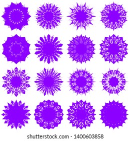 Violet Flowers / Pseudo-Snowflakes on white background. Sharp set of 16 items. 10 (ten) angles. - Vector