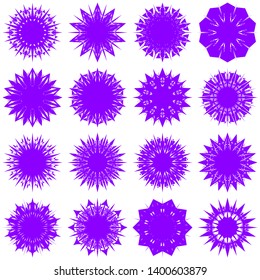 Violet Flowers / Pseudo-Snowflakes on white background. Sharp set of 16 items. 10 (ten) angles. - Vector
