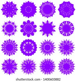 Violet Flowers / Pseudo-Snowflakes on white background. Sharp set of 16 items. 10 (ten) angles. - Vector