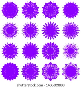 Violet Flowers / Pseudo-Snowflakes on white background. Sharp set of 16 items. 10 (ten) angles. - Vector