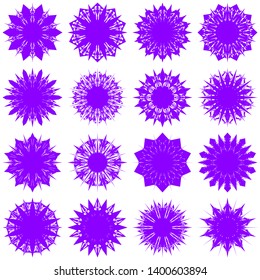 Violet Flowers / Pseudo-Snowflakes on white background. Sharp set of 16 items. 10 (ten) angles. - Vector