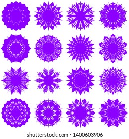 Violet Flowers / Pseudo-Snowflakes on white background. Sharp set of 16 items. 10 (ten) angles. - Vector