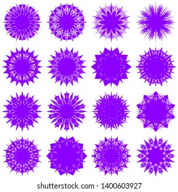Violet Flowers / Pseudo-Snowflakes on white background. Sharp set of 16 items. 10 (ten) angles. - Vector