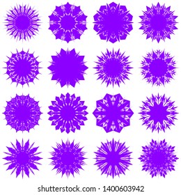 Violet Flowers / Pseudo-Snowflakes on white background. Sharp set of 16 items. 10 (ten) angles. - Vector